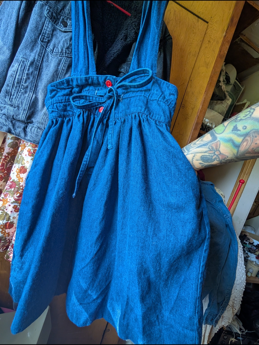 Vintage Darkwash Denim Pinafore Overall Skirt Tunic Dress Retro 80s